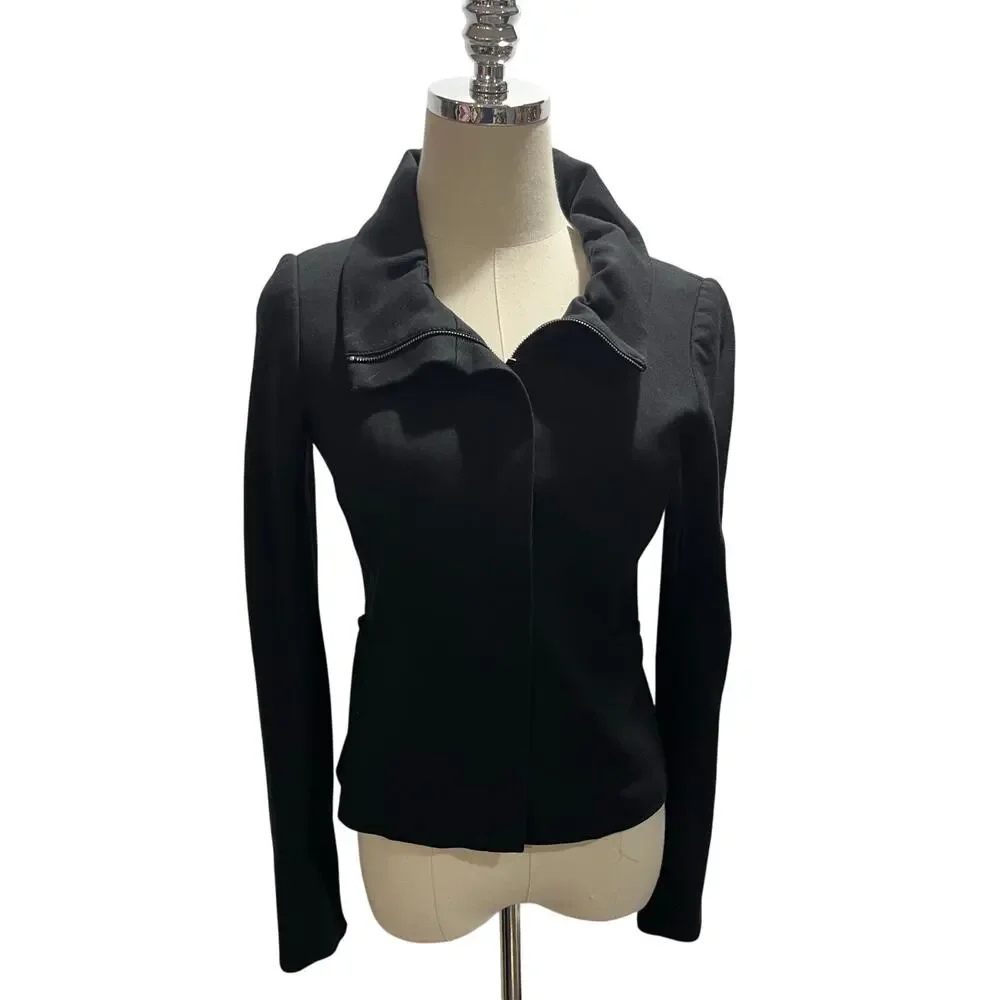 Theory Mariony‎ Black Ruffled Neck Zip Up Ponte Knit Zip Up Blazer Jacket Sz 4